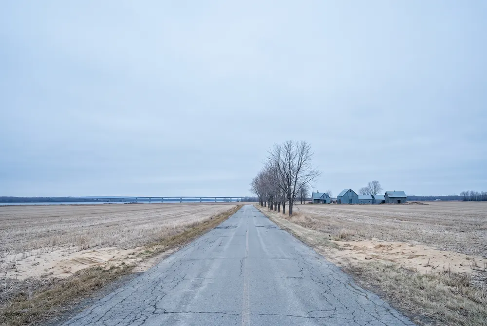 Route droite entre des champs sur la rive sud